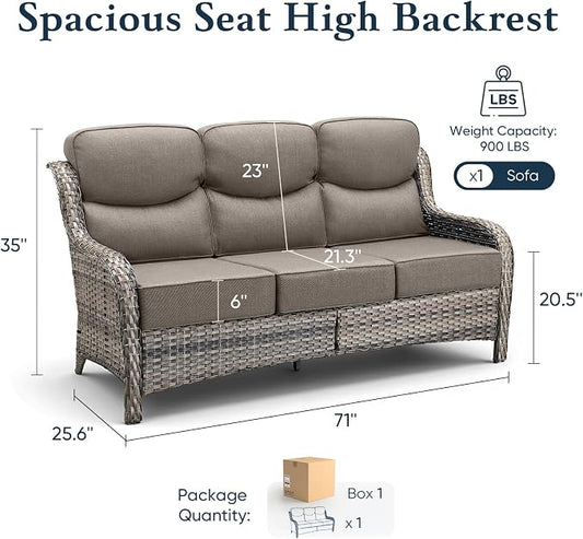 Belord Luxury 6" Thick Cushioned PE Wicker 3-Seater Outdoor Couch, All-Weather Comfortable Modern Patio Sofa, High Back Deep Seat Woven Outdoor Furniture for Porch Balcony, Lawn, Deck - GreyGrey