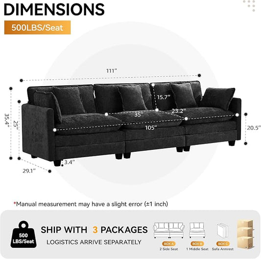 111'' Sectional Cloud Deep Seat Couch, Modern Comfy Chenille Modular Sectional Sofa for Living Room Set, Upholstered Modular 3-Seats Sofa Couch, Dark Grey