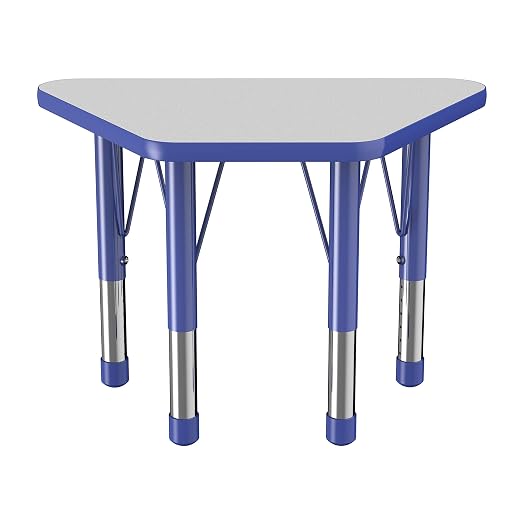 FDP Trapezoid Activity School and Classroom Kids Table (18 x 30 inch), Chunky Toddler Legs for Collaborative Seating Environments, Adjustable Height 15-24 inches - Gray Top and Blue Edge