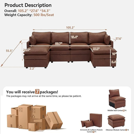 105" Brown Faux Leather Storage 4 Seater Sofa with 2 Ottomans, Comfy Couch | Convertible Modular Sectional Sofa, U Shaped Oversized Couch, Upholstered Large Cloud Couch For Living Room, Apartment.