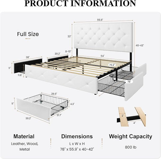 SHA CERLIN Upholstered Full Platform Storage Bed Frame with 4 Drawers, Adjustable Headboard with Faux Leather Diamond Button Tufted Design, Wooden Slat Support, No Box Spring Needed, White