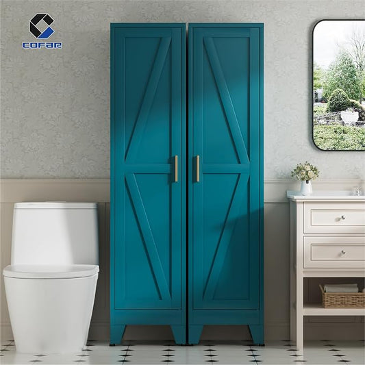 COFaR 67'' Tall Narrow Bathroom Storage Cabinet, Metal Farmhouse Skinny Pantry Cabinet with 4 Adjustable Shelves and One Door, Slim Cabinet Storage for Kitchen Laundry, 5-Tier Peacock Blue