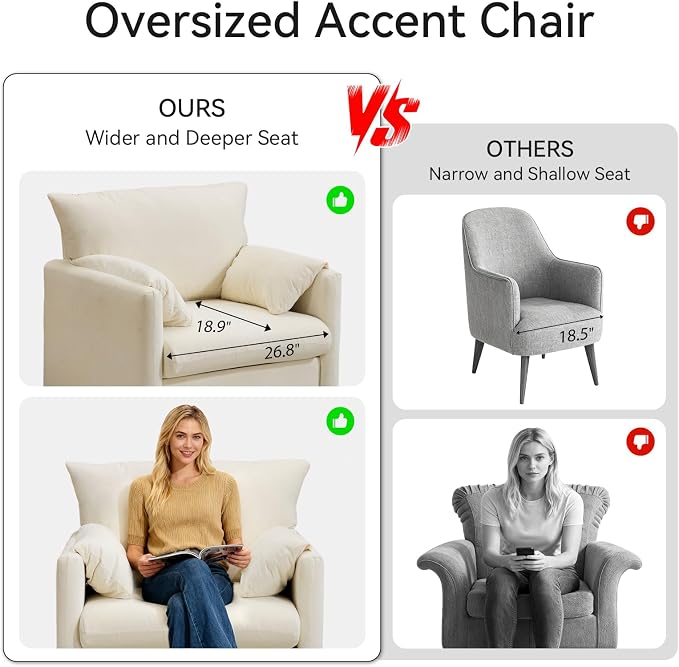 Chenille Oversized Armchair Set of 2, Wide Accent Chair for Living Room Bedroom Modern Upholstered Lounge Chair Mid-Century Reading Chair Comfy Single Sofa Chair, Beige