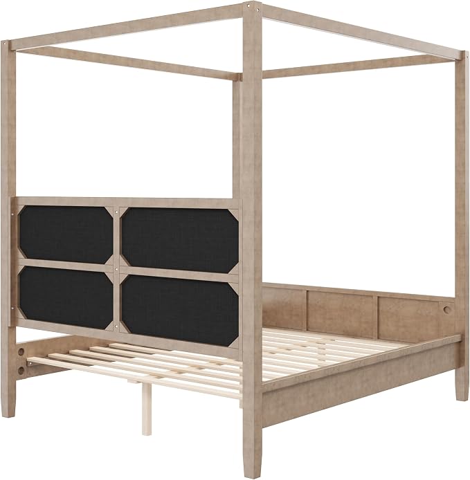 Merax King Size Canopy Bed with Upholstered Headboard, Wooden Platform Bed Frame with 4-Posters, Solid Wood Slat Support, No Box Spring Needed