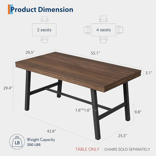 GarveeHome Industrial Dining Table for 2-4, 55" Heavy Duty Rectangular Kitchen Table with 2"×2" Metal Legs, Small Space Dining Table for Kitchen, Dining Room (Brown, 55" Non-extendable)