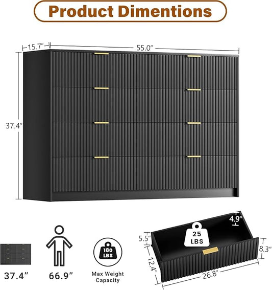 Furniway Black Dresser for Bedroom, Modern Dresser with 8 Drawers and Smooth Slides, Wide Chest of Drawers with Golden Handles for Bedroom, Closet, 15.7" D x 55" W x 37.4" H