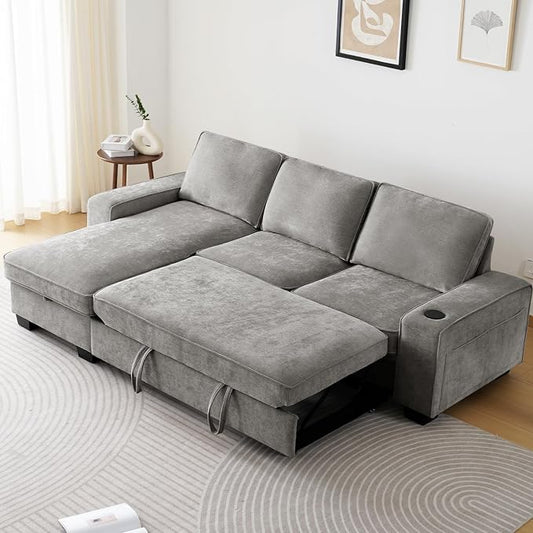 99" Convertible Sleeper Sofa Bed,L Shaped with Storage Chaise Pull Out Couch for Living Room,USB and Type-C,Removable Washable Chenille Covers (Gray)