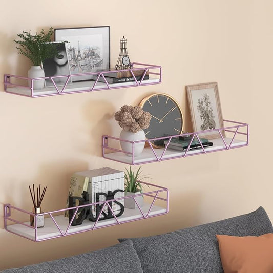 Amaoot Floating Shelves Set of 3, Home Wood Wall Shelf, Farmhouse Shelf for Bedroom, Wall Mounted Floating Shelf for Living Room, Bedroom, Bathroom, Kitchen, Office (Pink)