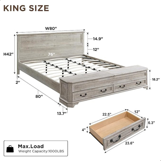 T4TREAM Farmhouse King Bed with Headboard and Storage Bench, Rustic Wood Platform Bed with 80" Storage Chest w/ 4 Large Drawer, Light Rustic Oak