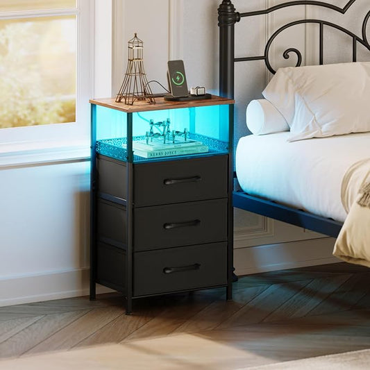 JARHETUN Night Stand Set 2 with Charging Station, 3 Drawer Nightstands with LED Lights, End Table with Outlets and USB Ports, Side Table with Open Shelf, Bedside Tables for Bedroom, Rustic Brown