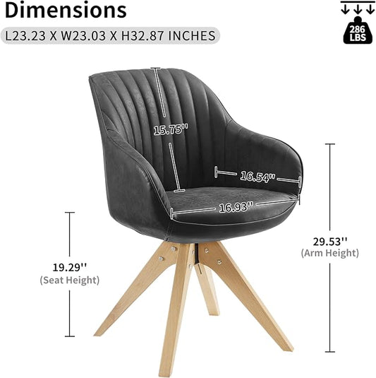 Art Leon Office Chair No Wheels, Mid Century Modern Desk Chair, Swivel Accent Chair with Oak Wood Legs, Faux Leather Upholstered Armchair for Desk, Black