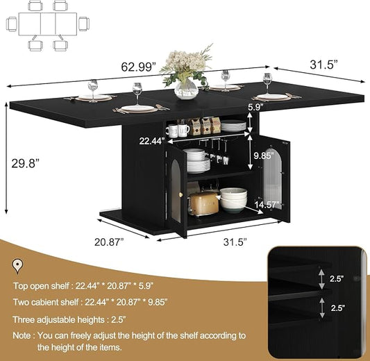 HSH Black Dining Table for 4 to 6, Modern Kitchen Dining Room Table with 3-Tier Storage Shelf and Acrylic Door Cabinet, Rectangular Wooden Dinner Tables for Home Kitchen Living Room, Black Oak,63 in