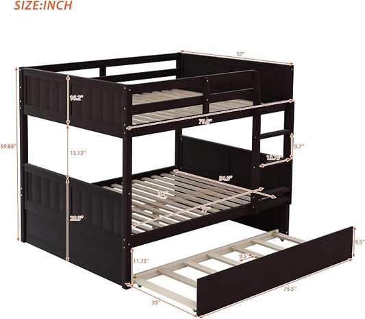 Bellemave Bunk beds Full Over Full with Twin Size Trundle, Low bunk Bed for Kids Adults and Teenagers,Espresso