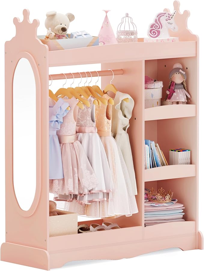 Curipeer Kids Dress up Storage with Mirror, Kids Wardrobe with Storage & 3 Hooks, Kids Closet for Girls Boys, Kids Costume Organizer, Open Hanging Armoire Wardrobe Closet for Bedroom, Pink