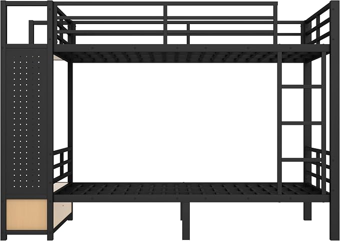 Bellemave Full Over Full Metal Bunk Bed with Storage Drawers and Shelves, Heavy Duty Bunk Beds with Pegboard and Coat Rack for Kids, Adults,Black、