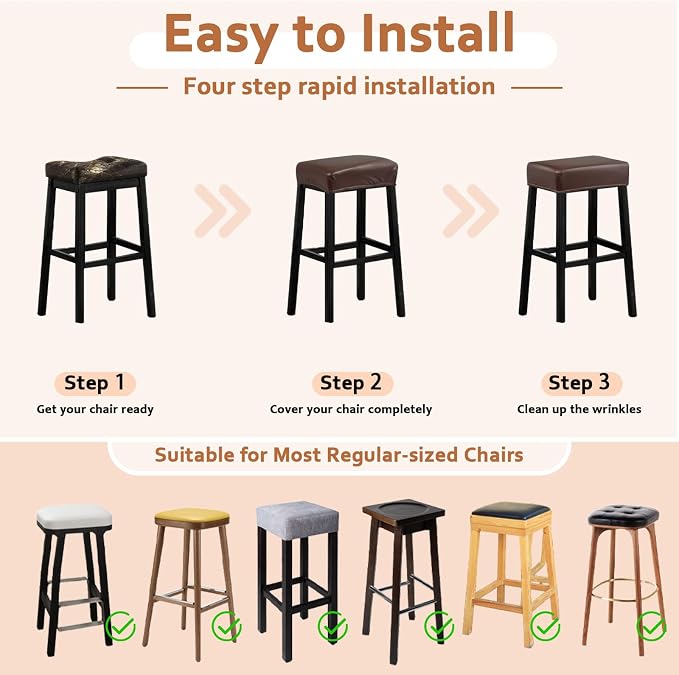 PU Leather Bar Stool Covers Rectangular, 100% Waterproof Stool Covers Rectangle Super Stretch 20% Thicker Leather Saddle Stools Cover Rectangular Counter Bar Stools with Elastic Band (6 PCS, Brown)