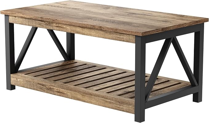 ChooChoo Farmhouse Coffee Table with 2-Tier Storage, 40-Inch Rectangular Wooden Center Table for Living Room, Rustic Oak & Black