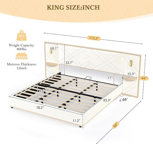 Merax King Bed Frame with 2 Built-in Led Lights and 2 Floating Storage Shelves, Luxury Velvet Upholstered Platform Bed Frame King Size with Wingback Headboard for Bedroom, No Box Spring Needed, Beige