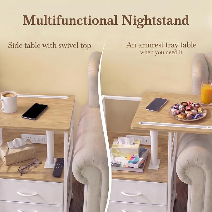 Faesun Swivel Lift Top Nightstand with Charging Station, Rolling Side Table for Recliner, Bedside Table with Wheels & 2 Fabric Drawers, for Small Spaces, for Bedroom, Living Room, Oak White