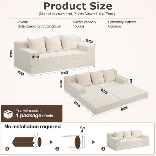 cidludto Convertible Sofa Bed, 78" Oversized Boneless Loveseat Couch 2 in 1 Foldable Futn Bed Couch in A Box, Folding Sofa Chair for Living Room, No Assembly Required, Beige
