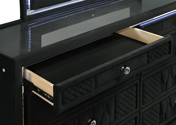 Coaster Home Furnishings - Lorient - Wood and Velvet - 8-Drawer Dresser with LED Lighting, Quilted Fronts and Crystal Knobs - Bedroom - Black - 223163