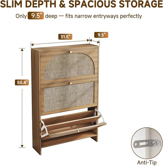 Nicetree Shoe Storage Cabinet for Entryway, Slim Arched Rattan Accent Shoe Cabinet with 3 Flip Drawers & 3-Tier Adjustable Shelves, Modern Boho Shoe Storage Cabinet, Narrow Shoe Rack for Small Spaces