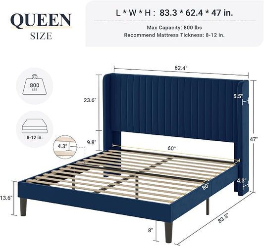 Allewie Queen Size Velvet Bed Frame/Vertical Channel Tufted Wingback Headboard/Upholstered Platform Bed/Strong Wooden Slats/No Box Spring Needed/Easy Assembly/Dark Blue