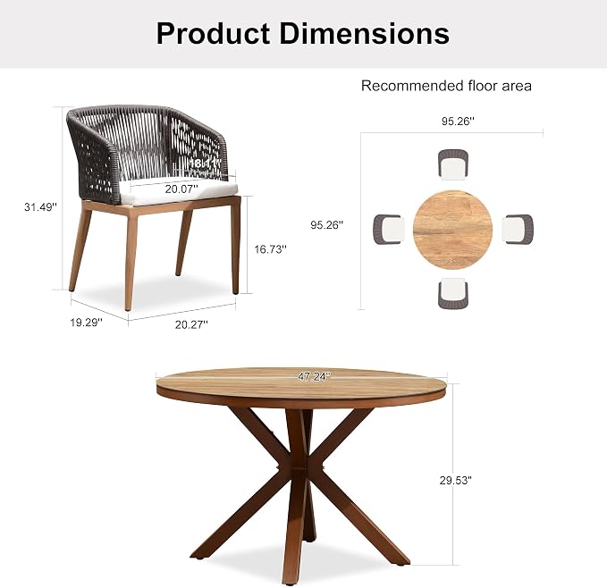 PURPLE LEAF 5 Pieces Oversized Round Patio Dining Set Aluminum Frame and Wicker Rattan Arm Chairs with Cushions for Garden Porch Kitchen Modern Outdoor Teak