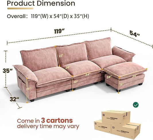 KKL 123 Inch L-Shaped Modular Sectional Sofa, 4 Seater Cloud Couch with Ottoman, Chenille Sectional Couches for Living Room, Apartment, Pink