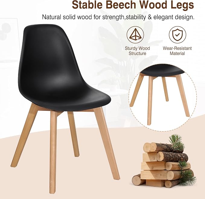 VECELO Dining Chairs Set of 4, Mid-Century Modern Kitchen & Dining Room Chairs, Molded Plastic Seat & Back, Solid Wood Legs, Armless, Non-Slip Feet, Black