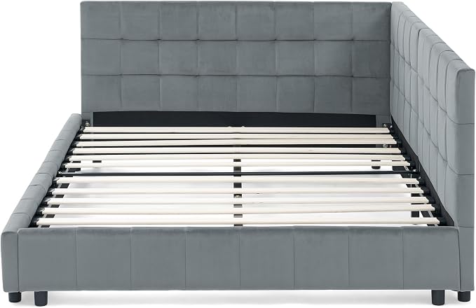 Bellemave Full Size Corner Bed Frame with Comfortable Backrest and Armrests, Velvet Tufted Corner Bed Frame Full Size, Upholstered Daybed for Bedroom, Living Room, Guest Room, Gary