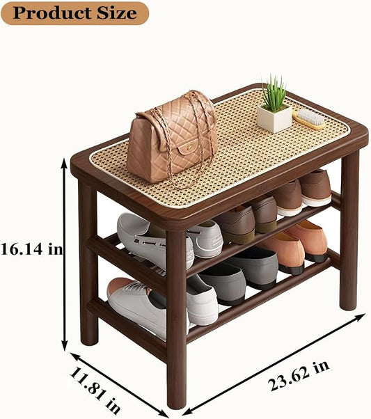 SOBIBO Bamboo Shoe Rack Bench with Rattan Seat, 3-Tier Shoe Storage Bench, Entryway Bench for Hallway Walnut-23.62 inches