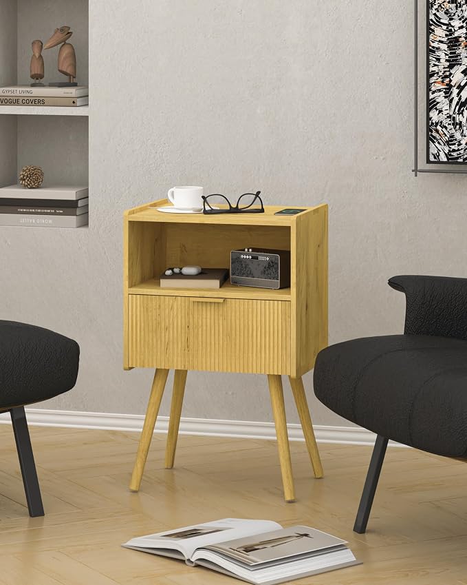 JOONEE Nightstand,Modern Bedside Table with Storage Drawer and Open Wood Shelf, for Living Room, Bedroom and Small Spaces, Accent Night Stand with Solid Wood Legs, Easy Assembly,Vintage Yellow Oak