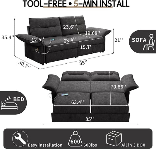 85'' Sofa Bed Full, Assembly, 3 in 1 Sleeper Sofa Beds, Flannel Pull Out Couch for Living Room, Charging & Adjustable Armrest, Comfy Loveseat for Small Space, Flannel Dark Grey