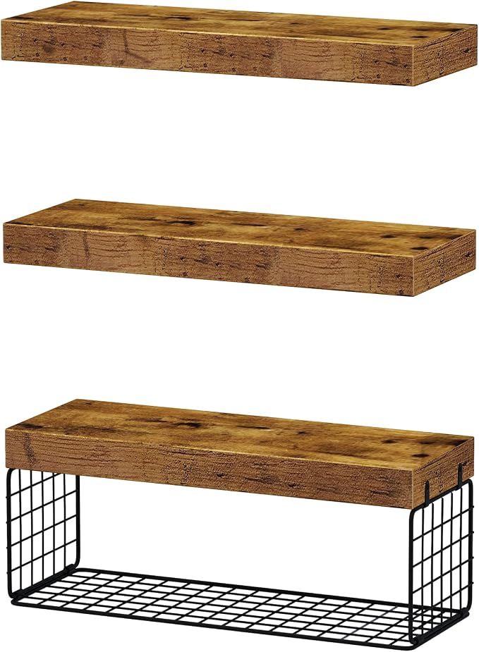 QEEIG Bathroom Shelves Over Toilet - Wall Mounted Floating Shelves Toilet Paper Storage Small Farmhouse Decor Shelf 16 inch Set of 3, Rustic Brown (019-BN3)