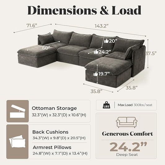 Cloud Modular Sectional Sofa, Oversized Deep Seat Comfort, Luxe Chenille | Fully Removable Washable Covers, Memory Foam Seat Cushions, Storage Ottoman, Premium Fabric