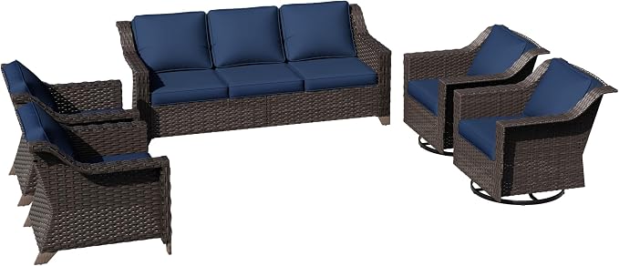5 Pieces Patio Conversation Furniture Set - 1 Sofa, 2 Armchairs, 2 Swivel Chairs, Outdoor Wicker Furniture with Removable Cushions for Porch, Balcony, Sunroom (Blue)