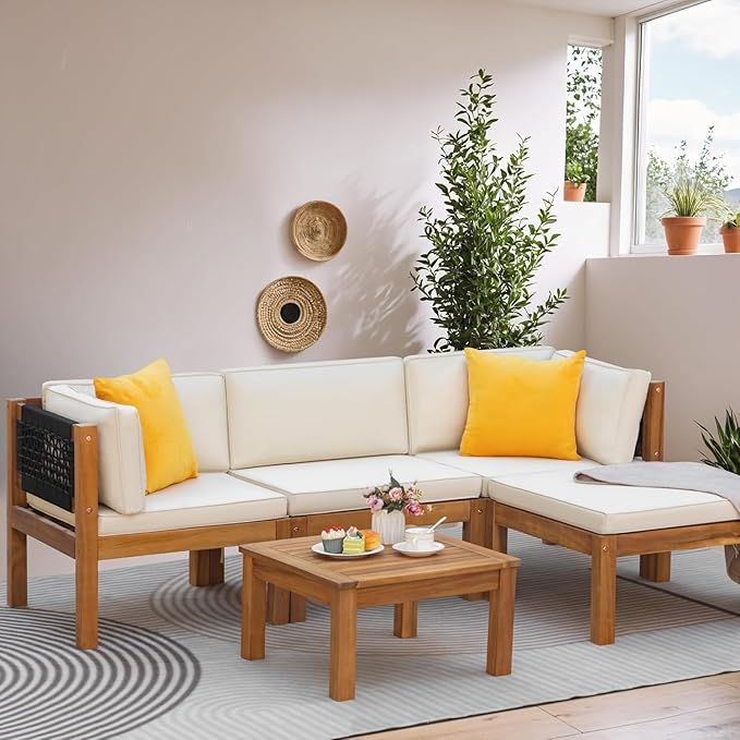 Greesum 5 Pieces Small Patio Sofa, Acacia Wood Outdoor Conversation Sets with Tea Table for Garden Porch and Backyard, Beige