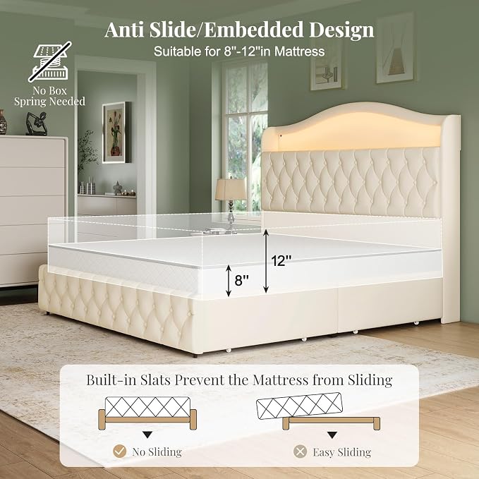 King Size Bed Frame and Headboard & 4 Storage Drawers, Upholstered Platform Bed Frame with RGB LED Lights & Charging Station, No Box Spring Needed, Easy Assembly, Noise-Free, Beige
