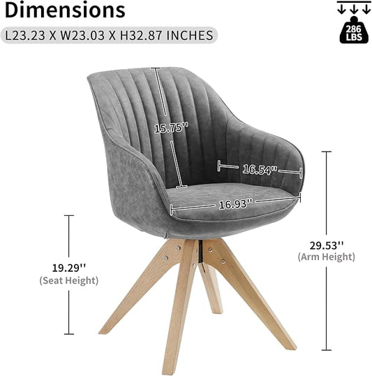 Art Leon Office Chair No Wheels, Mid Century Modern Desk Chair, Swivel Accent Chair with Oak Wood Legs, Faux Leather Upholstered Armchair for Desk, Gray