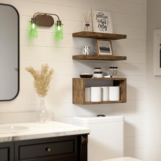 RICHER HOUSE Floating Shelves Set of 3, Modern Bathroom Shelves Wall Mounted Shelves with Invisible Brackets Over Toilet, Rustic Wall Shelves for Bathroom Bedroom, Living Room, Kitchen - Brown