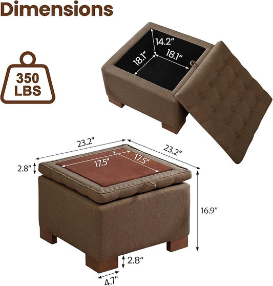 24 Inch Square Storage Ottoman Coffee Table, Modern Tufted Upholstered Ottoman with Flip Tray and Solid Wood Legs, Suitable for Living Rooms, Linen Brown
