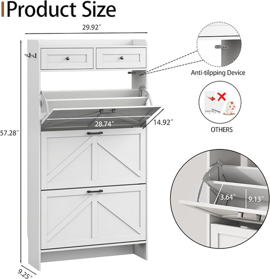 Shoe Cabinet with 3 Flip Drawers & 2 Top Drawers, 57" Tall Freestanding Narrow Wooden Shoe Storage Organizer for Entryway, Hidden Slim Shoe Rack for Front Door Entrance, Hallway, Living Room, White