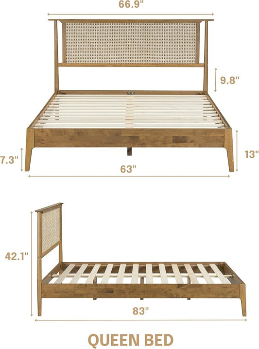 NTC Ruby Wooden Bed Frame with Headboard and Natural Rattan, Solid Oak/Rubber Wood Foundation with Silent Slats, 1000 Lb Capacity, Effortless Assembly Queen - Teak Look