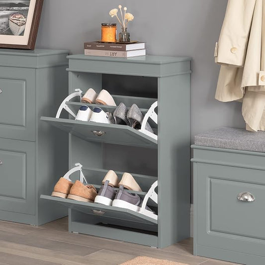 Haotian Small Shoe Cabinet, Grey 2 Flip Drawers Freestanding Shoe Rack, Shoe Storage Cupboard Organizer (9.45" D x 20.87" W x 32.28" H), FSR78-HG