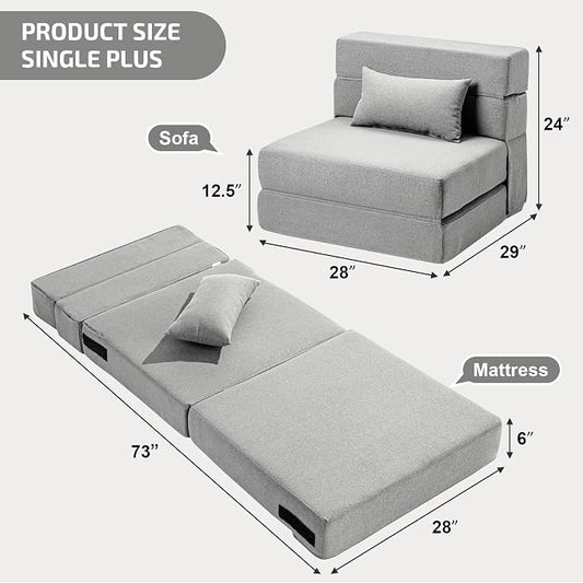 SUYOLS Folding Sofa Bed with Pillow- Convertible Chair Floor Couch & Sleeping Mattress, Foldable Memory Foam Sleeper for Living Room/Dorm/Guest Room/Home Office/Apartment/Loft, Single28, Light Gray