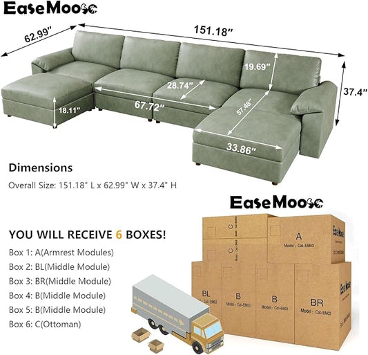 EASE MOOSE Oversized Modular Sectional Sofa,Leather Sectional Couch with Deep Seat, Classic Extra Large U Shaped Couch,Faux Leather Material Sofa Comfy Scratch Resistant for Living Room,Green
