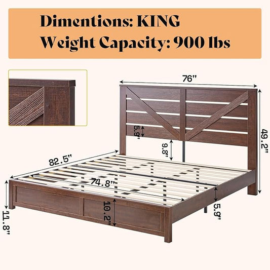 AMERLIFE King Size Bed Frame with 49.2" Barn Door Headboard and Footboard, Rustic Farmhouse Platform Bed Frame with Wood Slats, No Box Spring Needed, Under Bed Storage, Reclaimed Barnwood