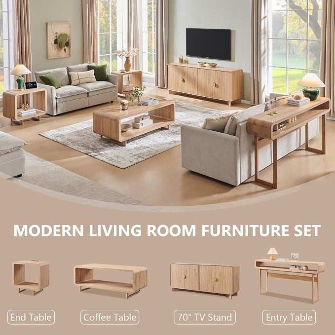 IFGET 48" Modern Coffee Table, 2-Tier Minimalist Center Table with Storage Shelf, Curved Profile Design, Wooden Rectangular Living Room Table w/Wood Thick Design for Living Room, Office, Natural Oak