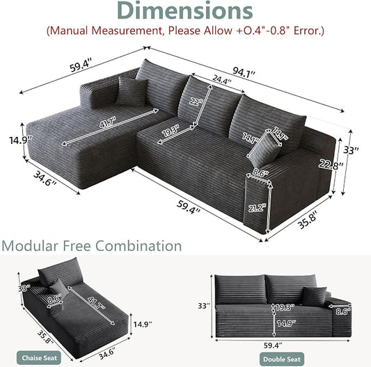 95" Modular Sectional Sofa, Modern Corduroy Cloud Couch with Side Pockets, Boneless Couch Upholstered 3-Seater L-Shaped Sofa for Living Room, No Assembly Required (Dark Gray,Left-Facing Chaise)
